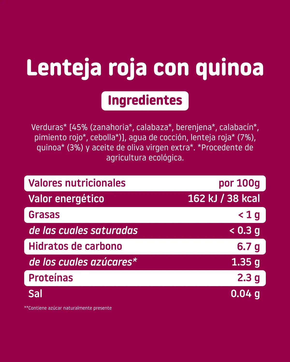 Valores nutricionales de tarrito ecológico de lenteja roja con quinoa