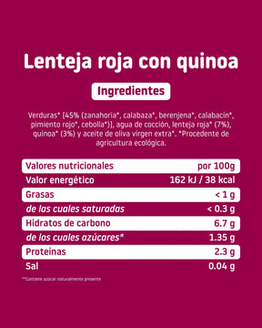Valores nutricionales de tarrito ecológico de lenteja roja con quinoa
