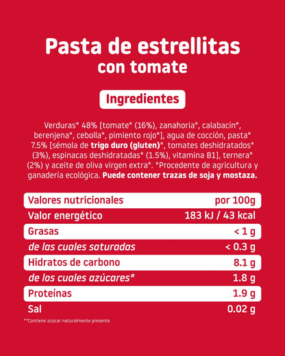 Ingredientes y valores nutricionales del tarrito de pasta de estrellitas con tomate