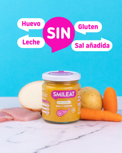 Tarrito ecológico Smileat de pavo con verduras con ingredientes reales para bebé y receta pensada para alimentación complementaria