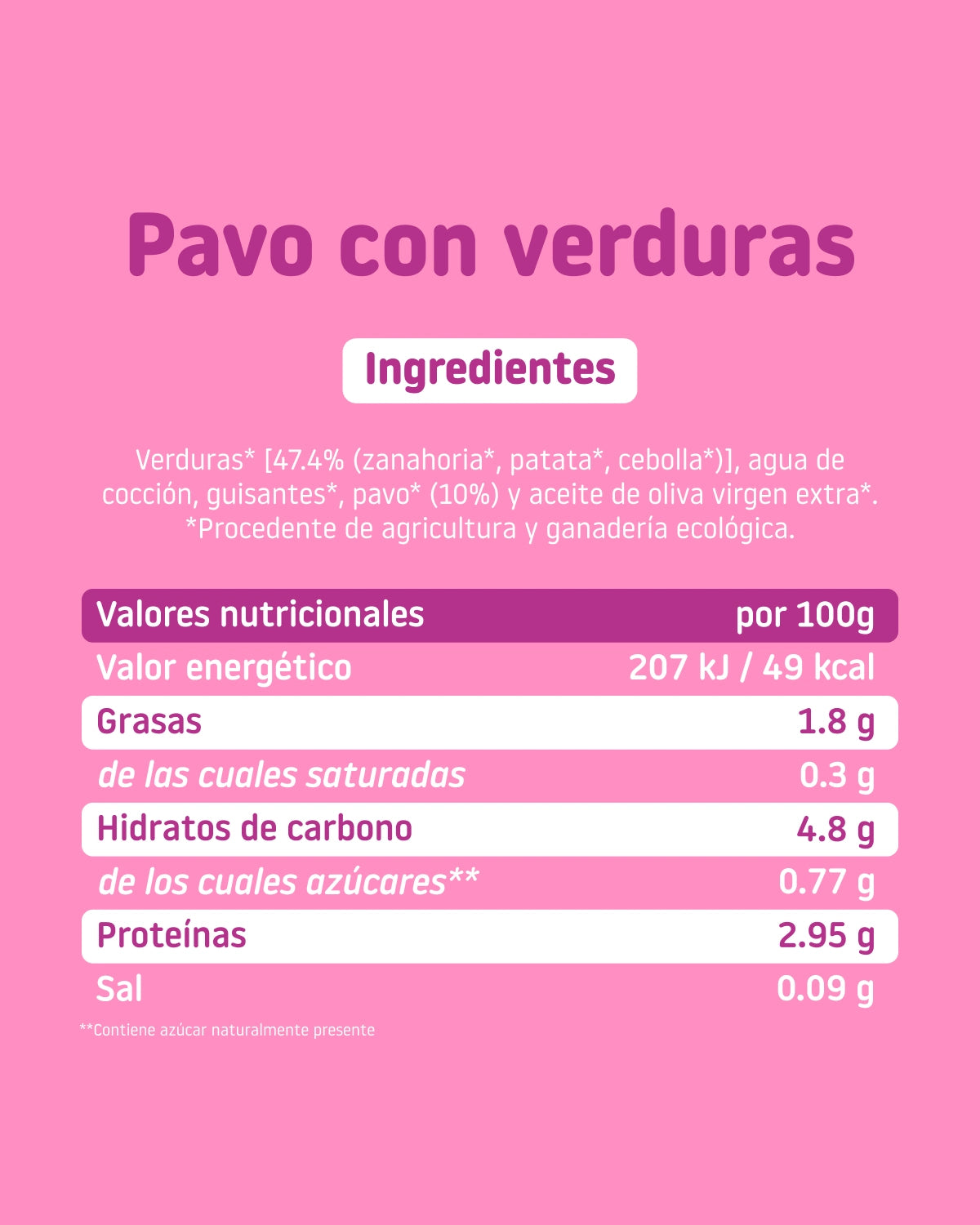 Ingredientes y valores nutricionales del tarrito ecológico Smileat de pavo con verduras para bebés desde 6 meses