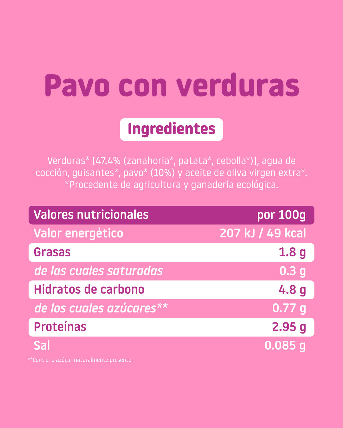 Ingredientes y valores nutricionales del tarrito ecológico Smileat de pavo con verduras para bebés desde 6 meses