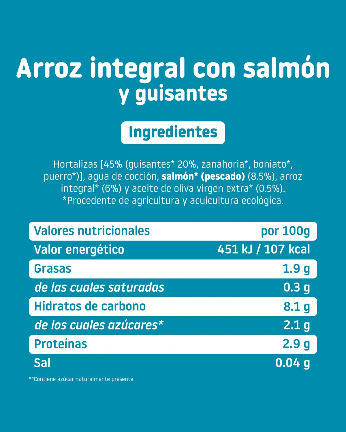 Nutritional information and ingredients for the jar of brown rice with salmon and peas