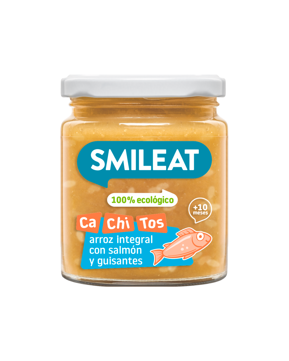 Tarrito SMILEAT 100% ecológico de trozos de salmón con arroz integral y guisantes para peques a partir de 10 meses