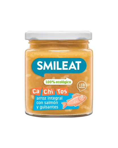 Tarrito SMILEAT 100% ecológico de trozos de salmón con arroz integral y guisantes para peques a partir de 10 meses