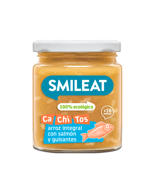Tarrito SMILEAT 100% ecológico de trozos de salmón con arroz integral y guisantes para peques a partir de 10 meses