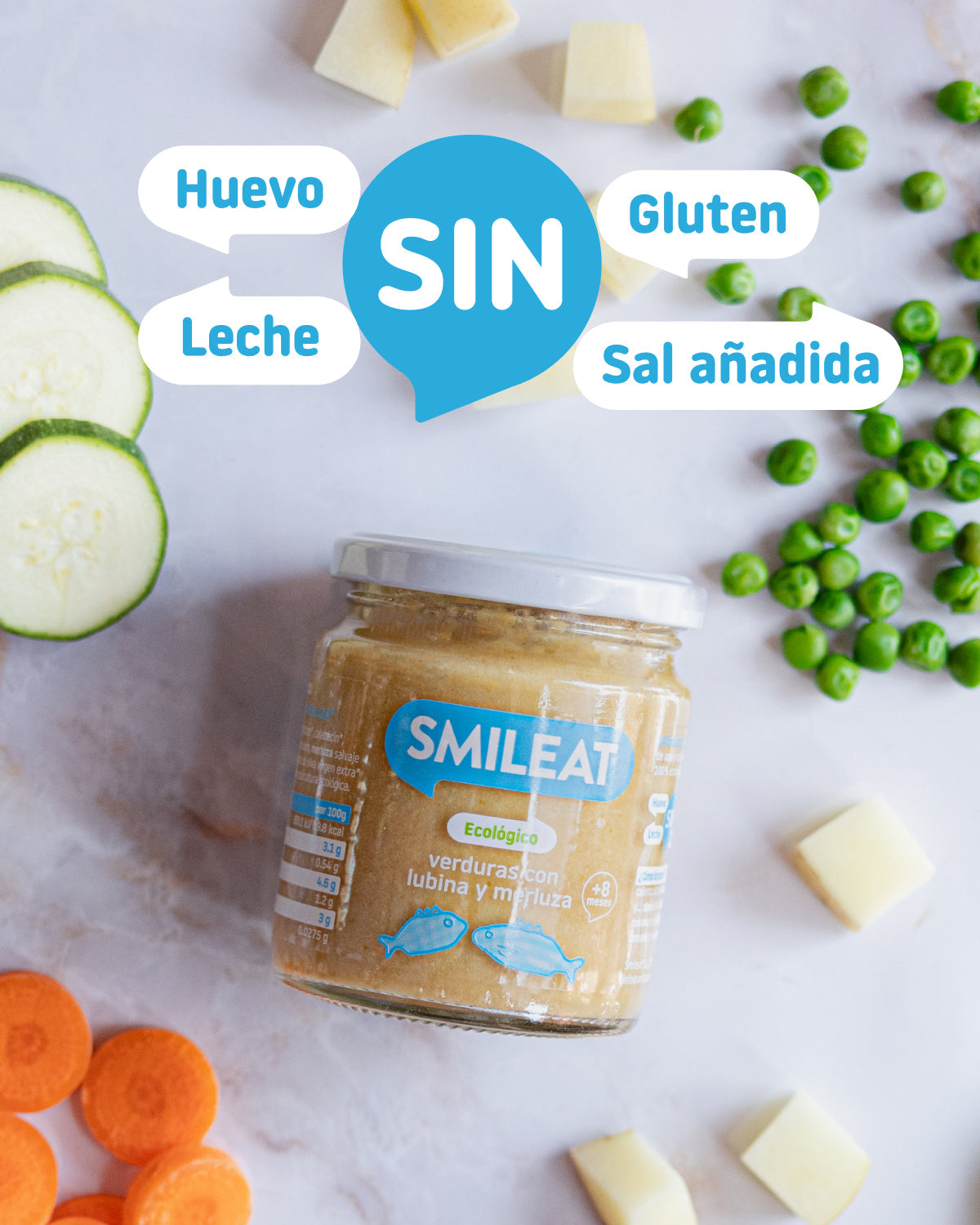 Tarrito ecológico Smileat de verduras con lubina y merluza con ingredientes reales para bebé y receta pensada para alimentación complementaria