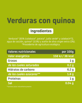Ingredientes y valores nutricionales del tarrito ecológico Smileat de verduras con quinoa para bebés desde 6 meses