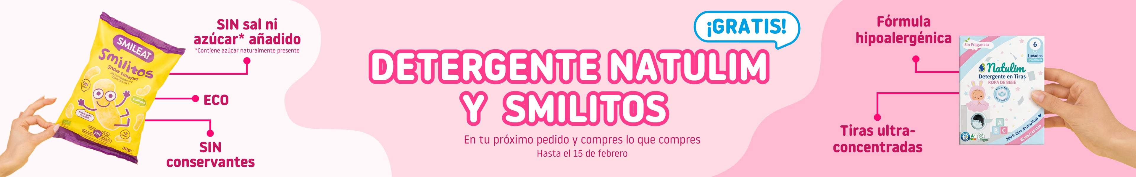Promoción Mes del Bebé Smileat: regalo de detergente Natulim y Smilitos de maíz en tu pedido de alimentación infantil ecológica.