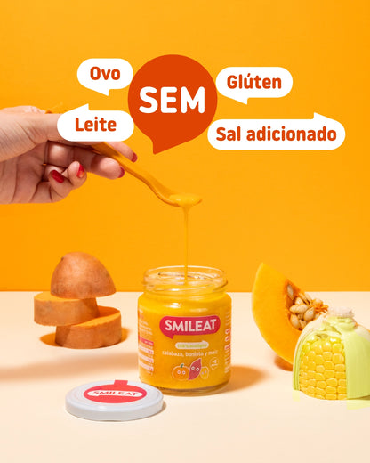 Boião Smileat de abóbora, batata-doce e milho sem glúten, leite, ovo e sem sal adicionado