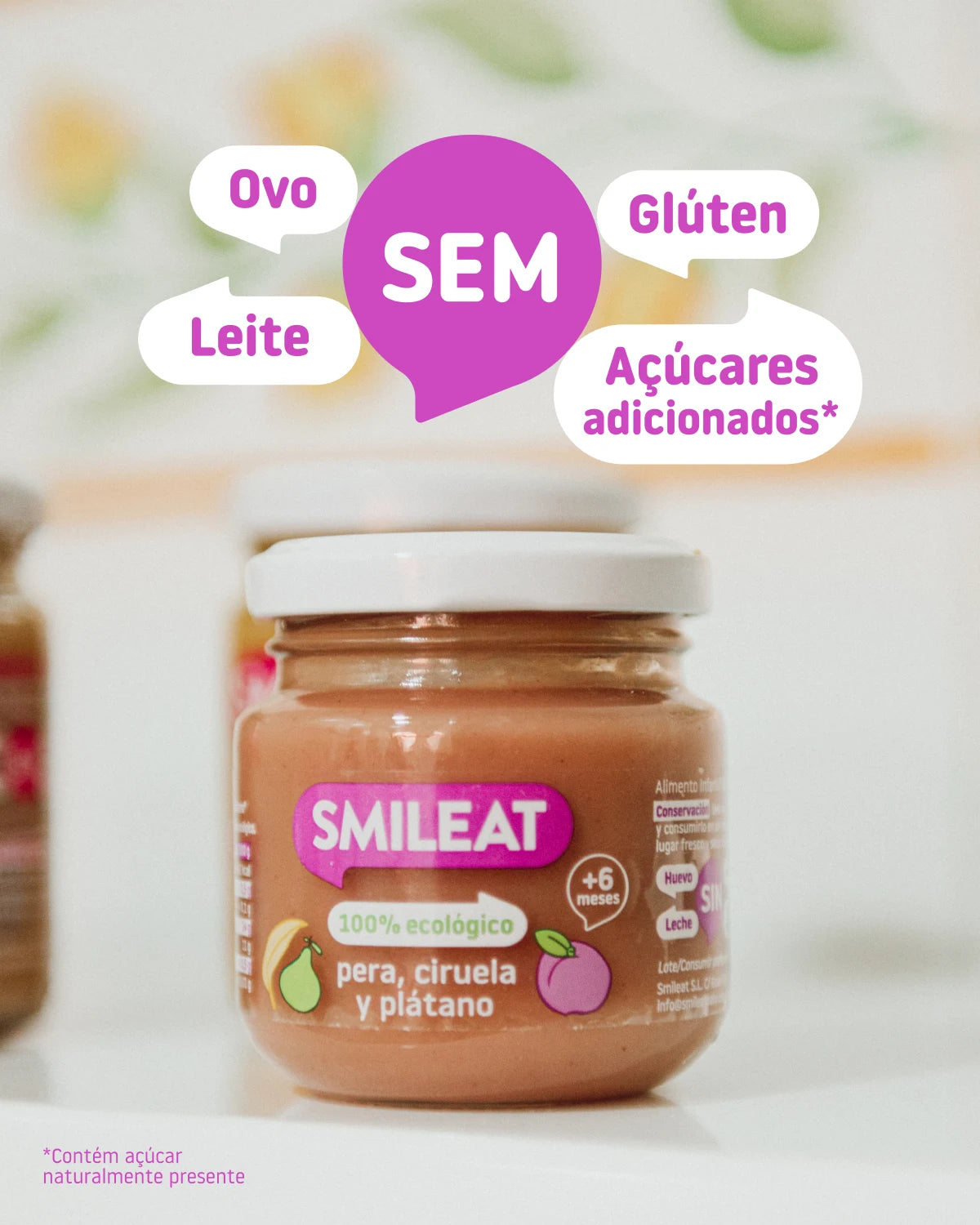 Boião de pera, ameixa e banana Sem glúten, Sem leite, Sem ovo, Sem açúcar adicionado