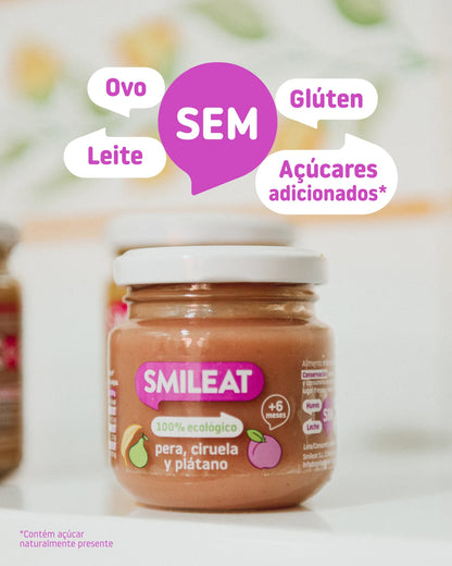 Boião de pera, ameixa e banana Sem glúten, Sem leite, Sem ovo, Sem açúcar adicionado
