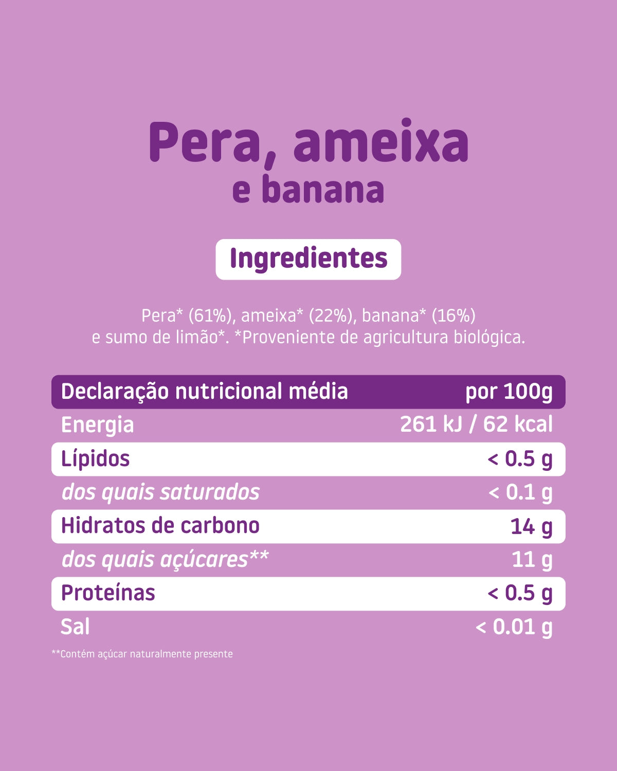Boião de pera, ameixa e banana ingredientes