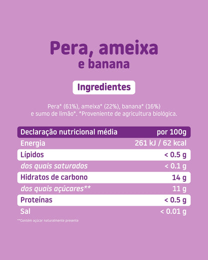 Boião de pera, ameixa e banana ingredientes