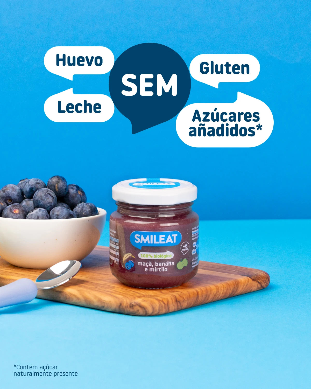 Boião de maçã, banana e mirtilo Sem glúten, Sem ovo, Sem leite, Sem açúcar adicionado