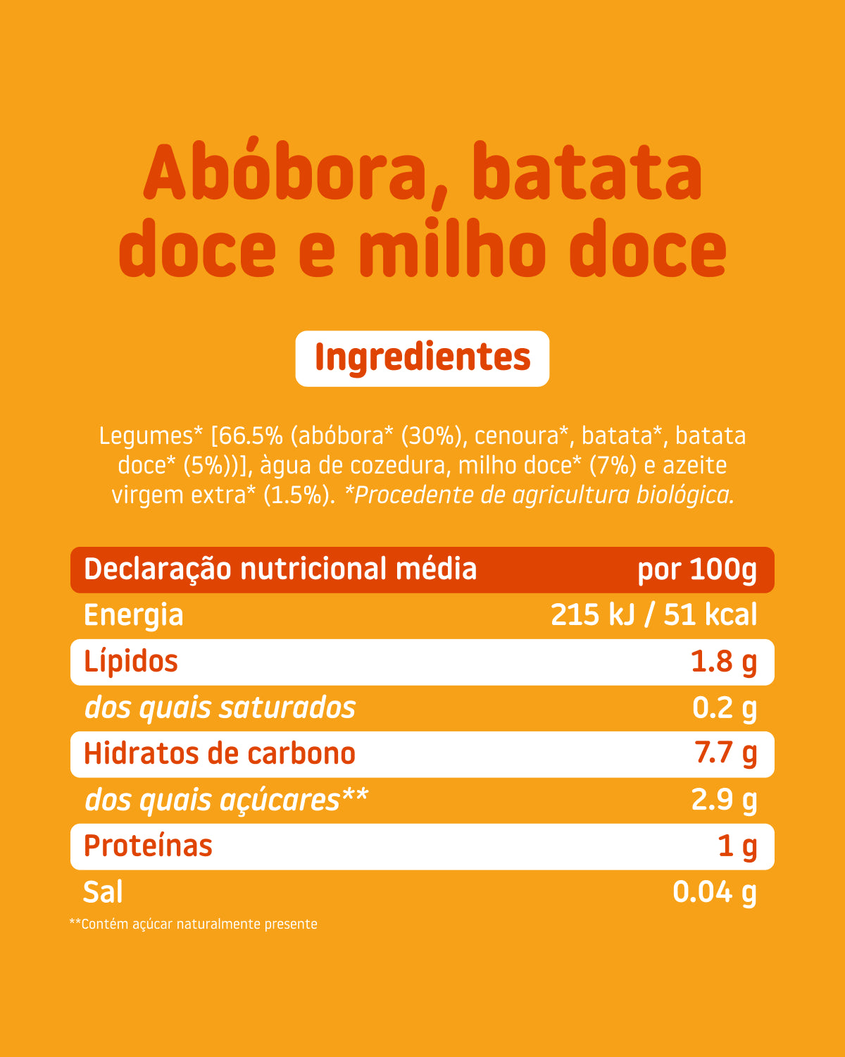 Ingredientes e informação nutricional do boião biológico Smileat de abóbora, batata-doce e milho