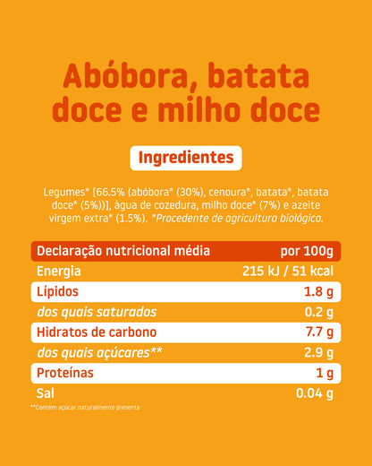 Ingredientes e informação nutricional do boião biológico Smileat de abóbora, batata-doce e milho