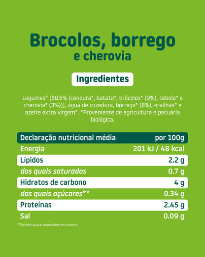 Boião de brócolos, borrego e cherovia Um boião com brócolos, cherovia e outros legumes.