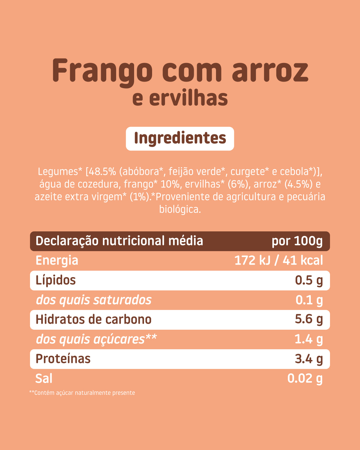 Boião de frango com arroz e ervilhas ingredientes