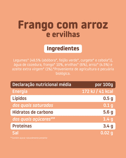 Boião de frango com arroz e ervilhas ingredientes