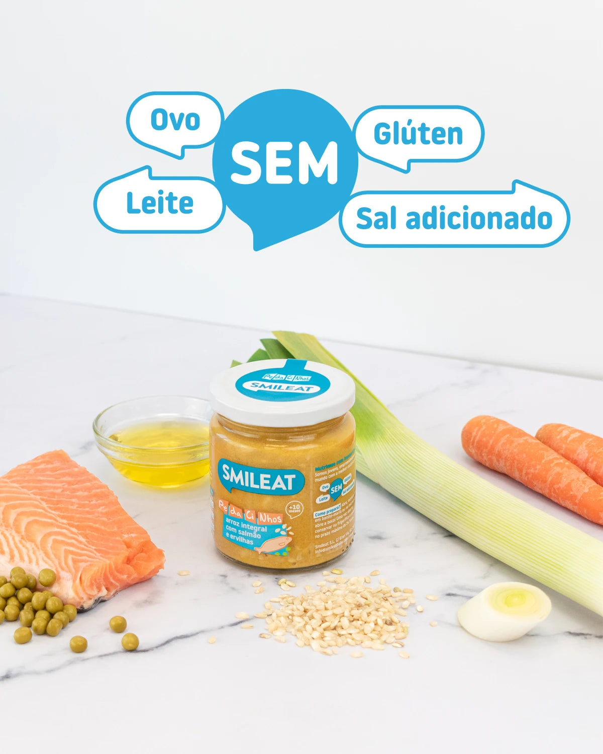 Boiões de PE-DA-CI-NHOS arroz integral com salmão e ervilhas sem sal adicionado