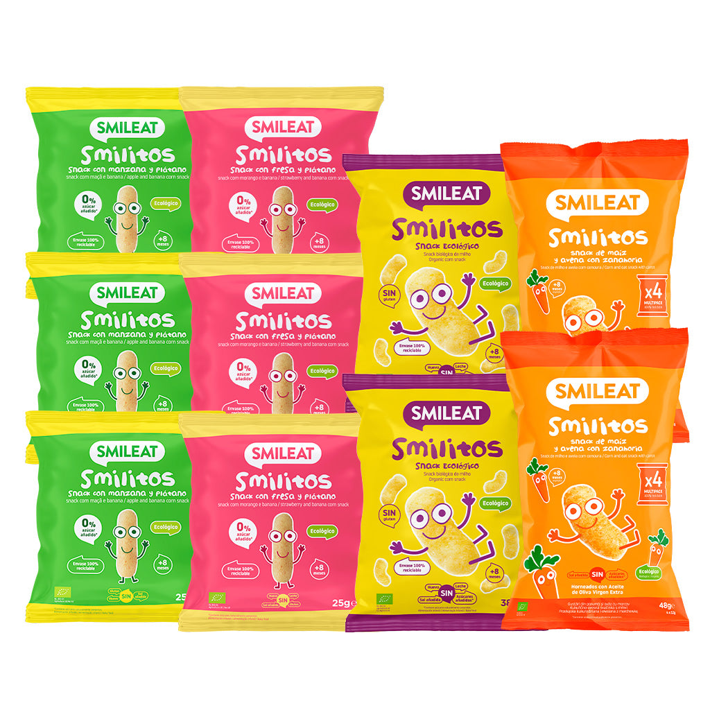 Smilitos snack mix pack in various flavors: apple and banana, strawberry and banana, corn and corn, and oatmeal with carrot.