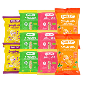 Smilitos snack mix pack in various flavors: apple and banana, strawberry and banana, corn and corn, and oatmeal with carrot.