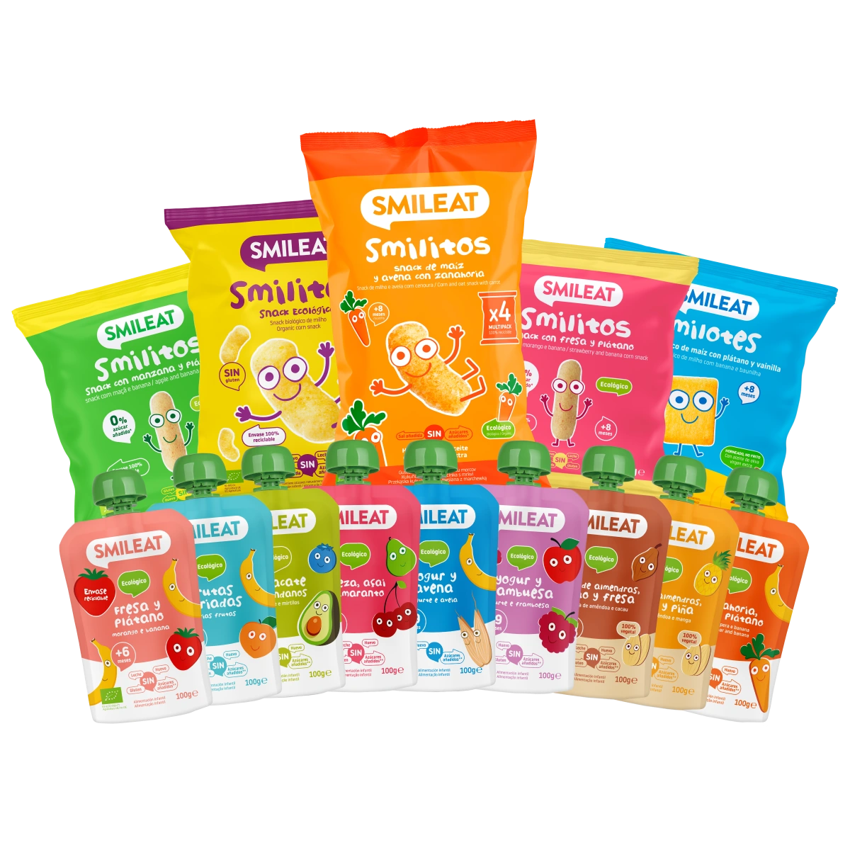 Pack de bolsitas de frutas y snacks para la merienda sin azúcar añadido a partir de 8 meses