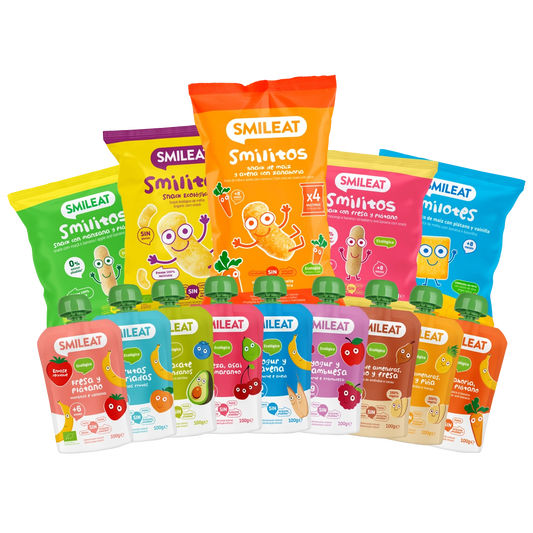 Pack de bolsitas de frutas y snacks para la merienda sin azúcar añadido a partir de 8 meses