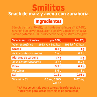 Pack Smilitos de maíz y avena con zanahora perfecto como merienda o snack para tu peque de más de 8 meses