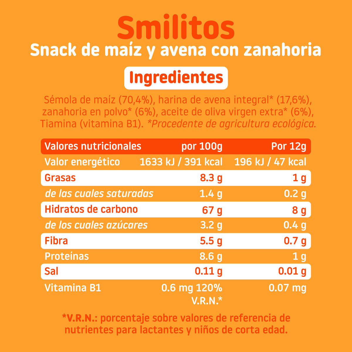Smilitos corn and oatmeal pack with carrot, perfect as a snack for your little one over 8 months old.