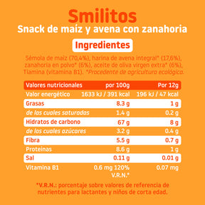 Smilitos corn and oatmeal pack with carrot, perfect as a snack for your little one over 8 months old.