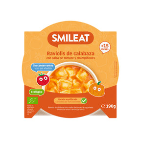ready-made meal for children without preservatives, consisting of pasta stuffed with pumpkin and served with tomato sauce
