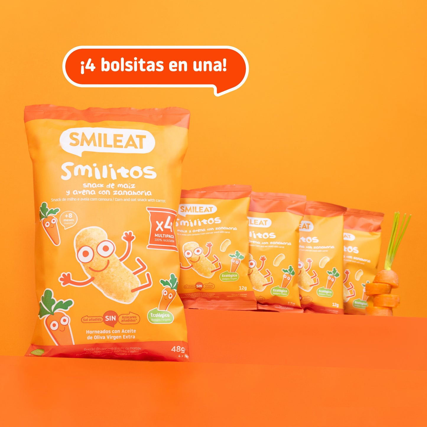 Snack de maiz, avena y zanahoria, para la merienda, 4 bolsitas en una  