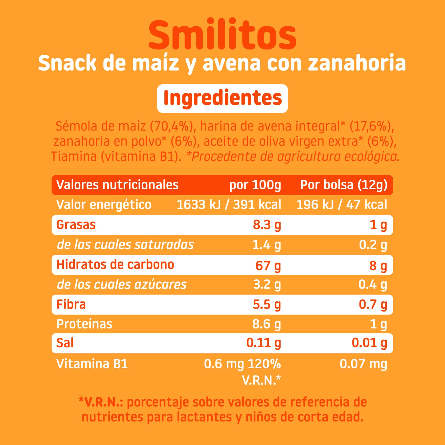 Corn, oat and carrot smilito description nutritional table and ingredients.