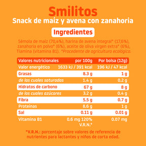 Corn, oat and carrot smilito description nutritional table and ingredients.