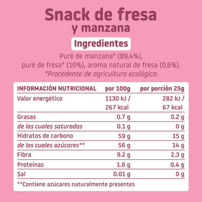 Ingredientes y tabla nutricional Snack de fresa y manzana