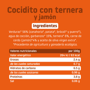 Tabla nutricional de tarrito cocidito con ternera y jamón