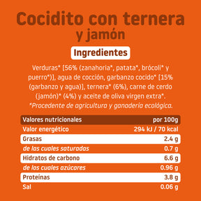 Ingredientes tarrito de cocido con ternera y jamón