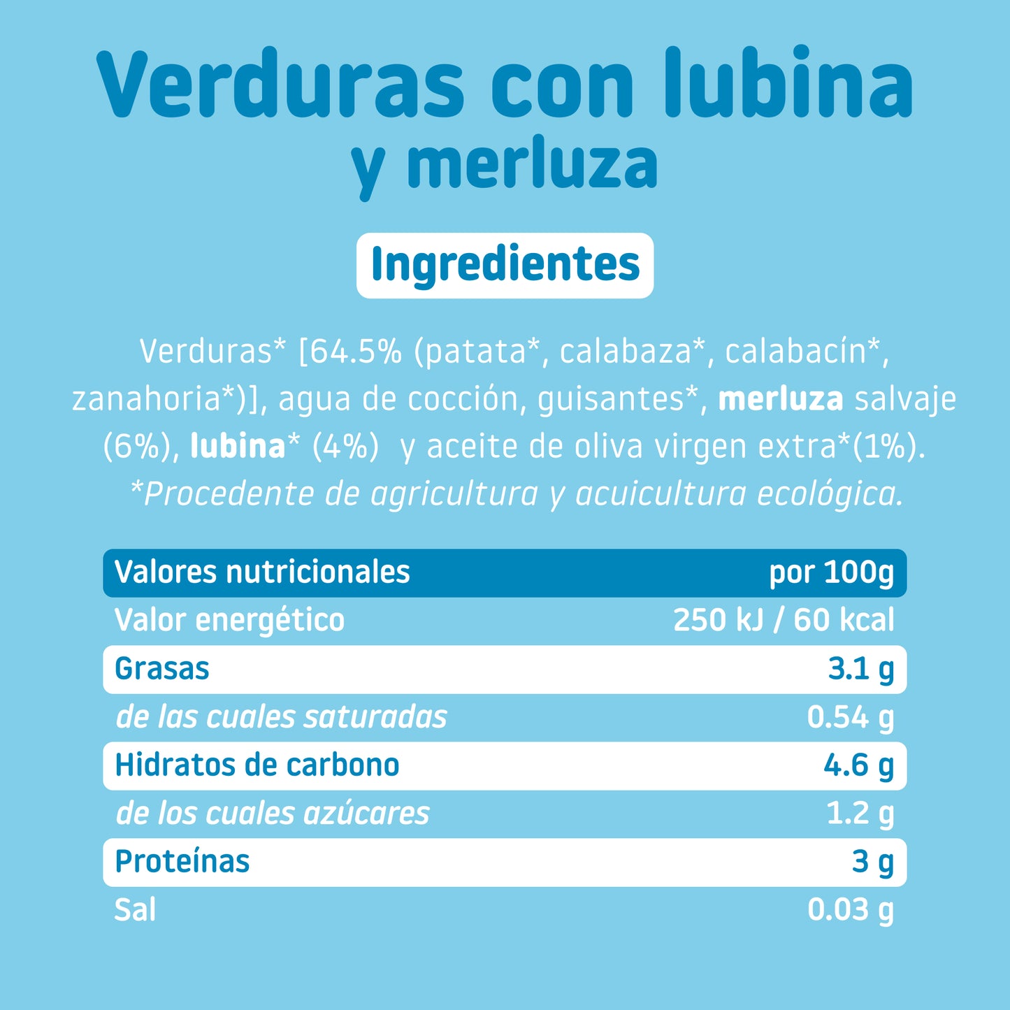 Ingredientes y tabla nutricional de tarrito ecológico de verduras con lubina y merluza