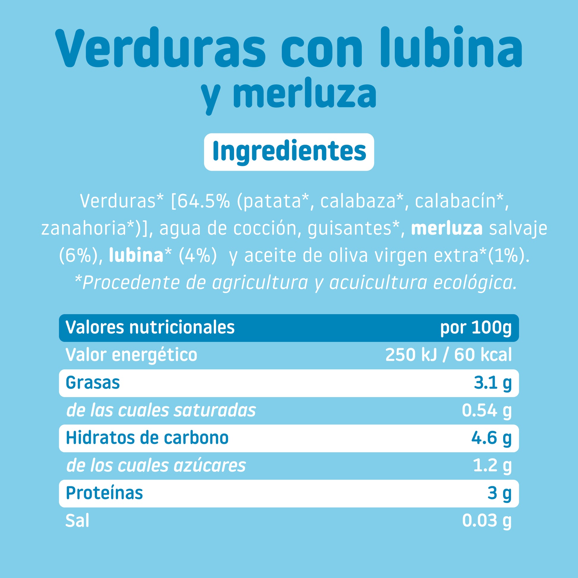 Ingredientes y tabla nutricional de tarrito ecológico de verduras con lubina y merluza