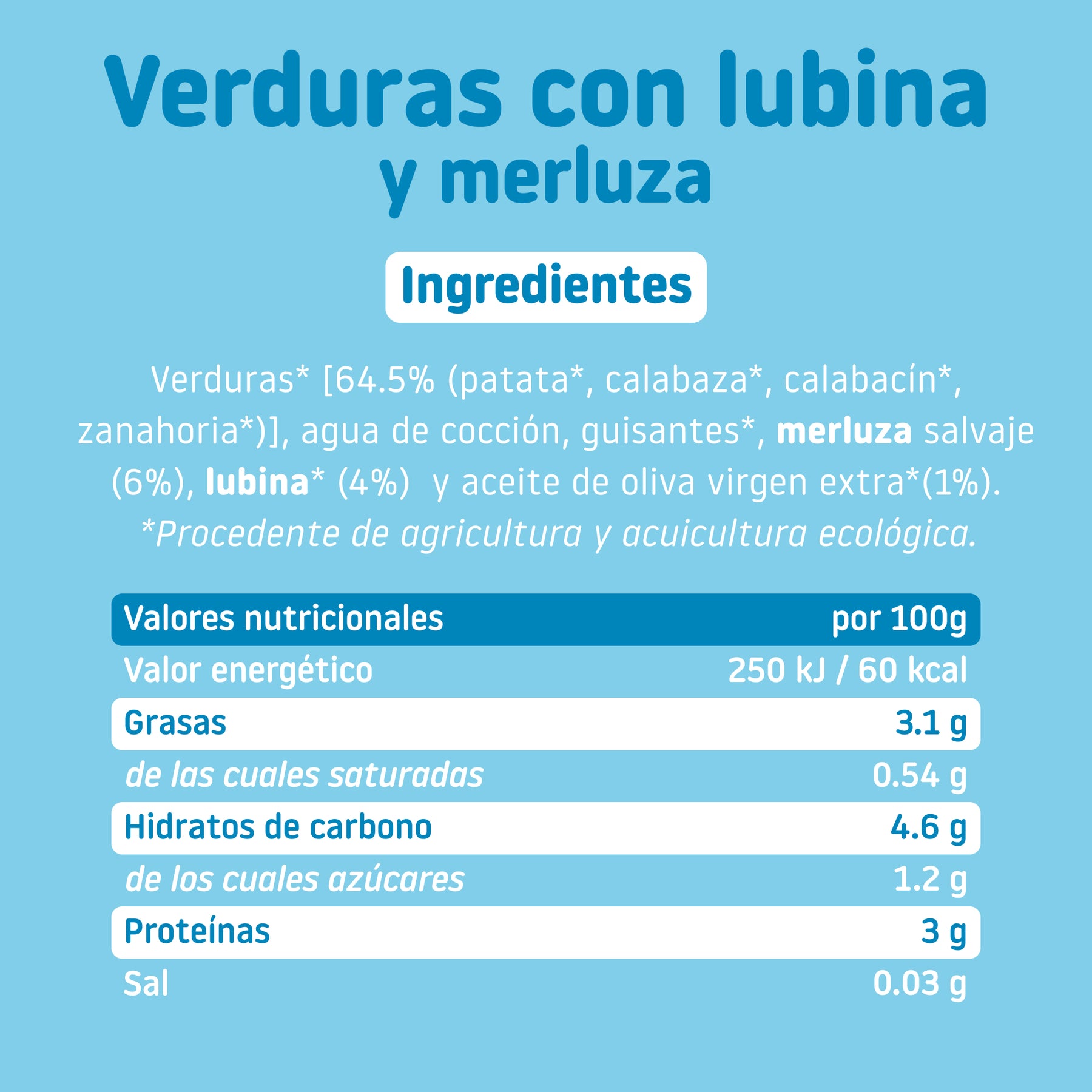 Ingredientes y tabla nutricional de tarrito ecológico de verduras con lubina y merluza
