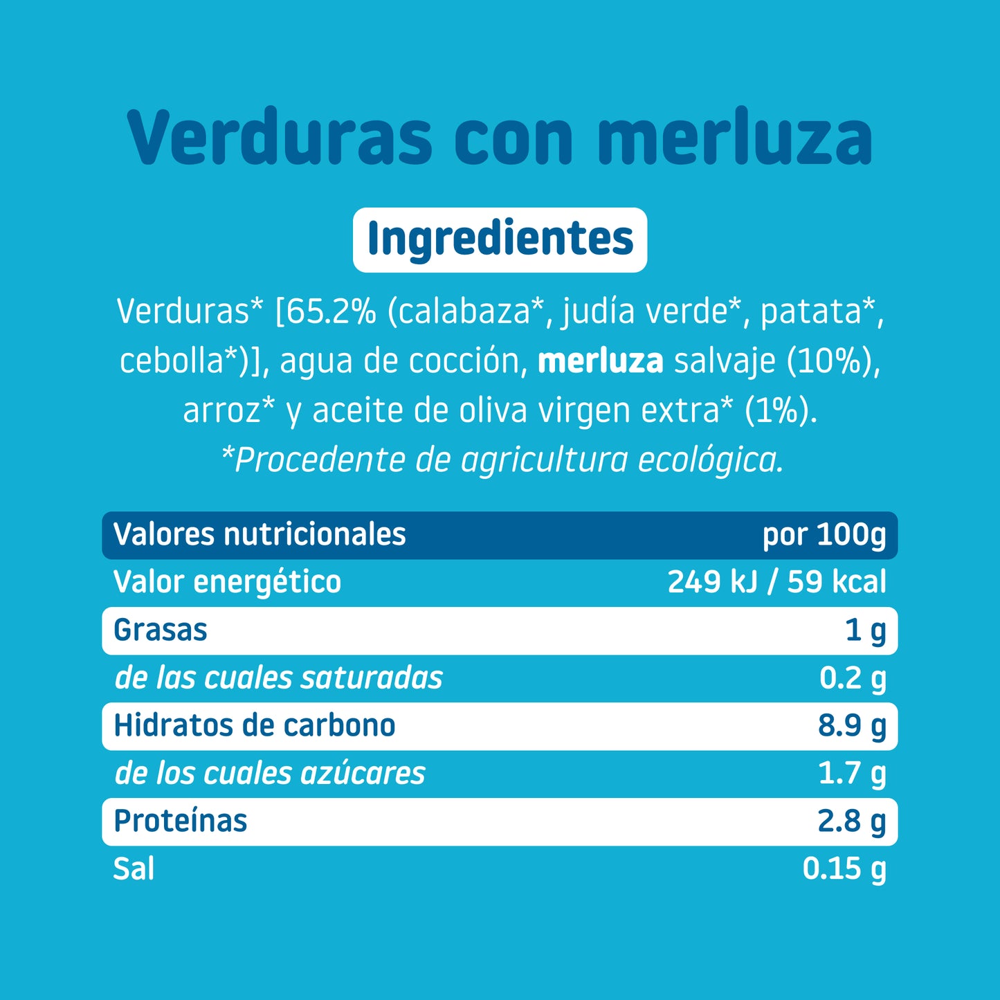Ingredientes y tabla nutricional de tarrito ecológico de verduras con merluza