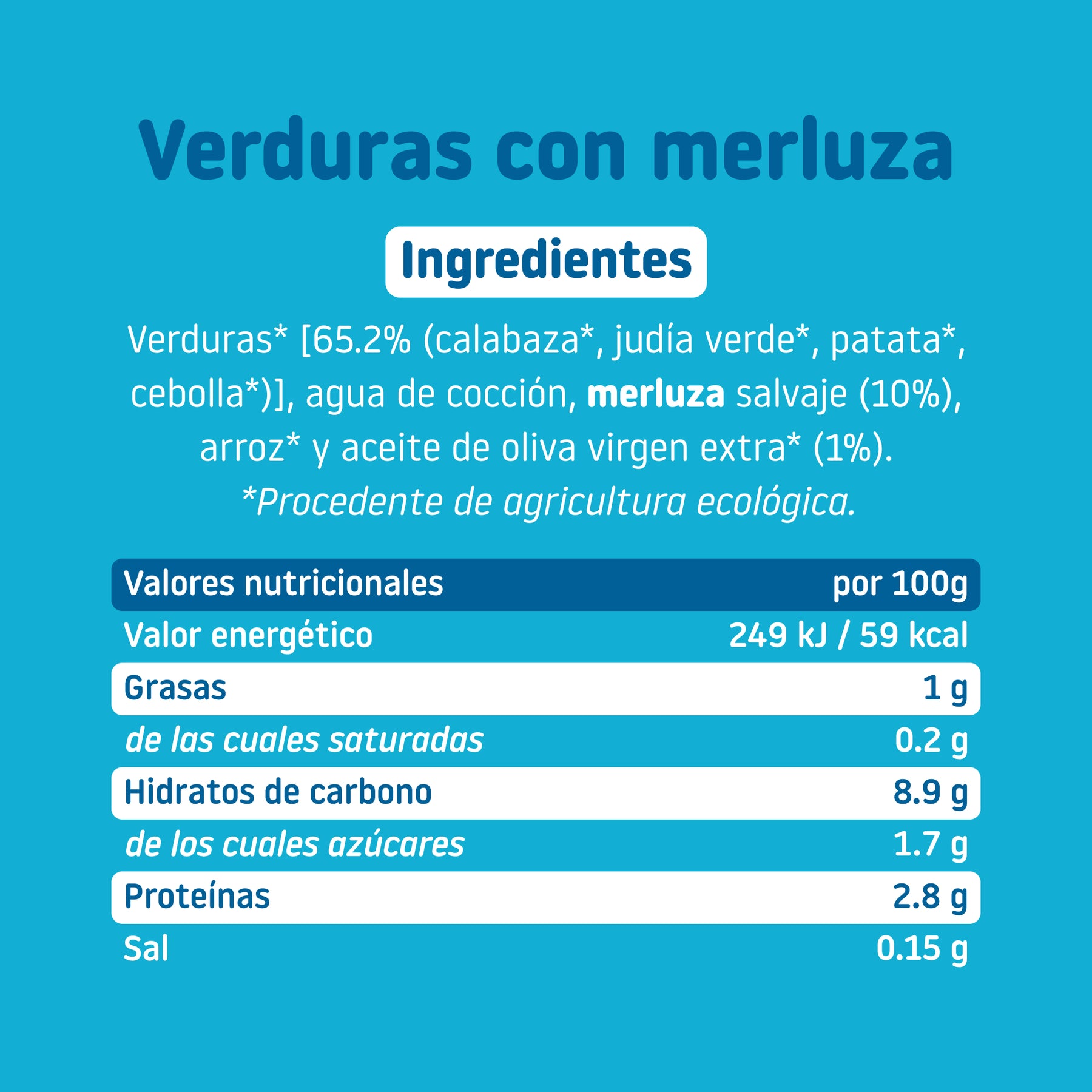 Ingredientes y tabla nutricional de tarrito ecológico de verduras con merluza