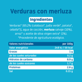 Ingredientes y tabla nutricional de tarrito ecológico de verduras con merluza