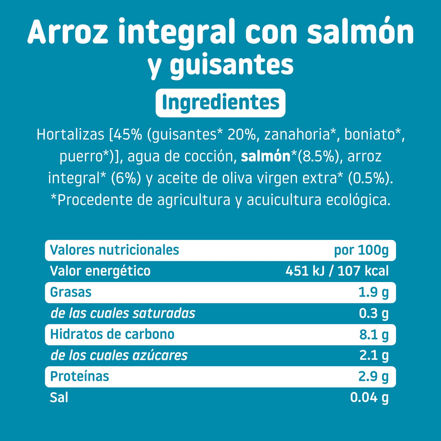 Ingredientes y tabla nutricional tarrito ecológico con arroz integral, salmón y guisantes