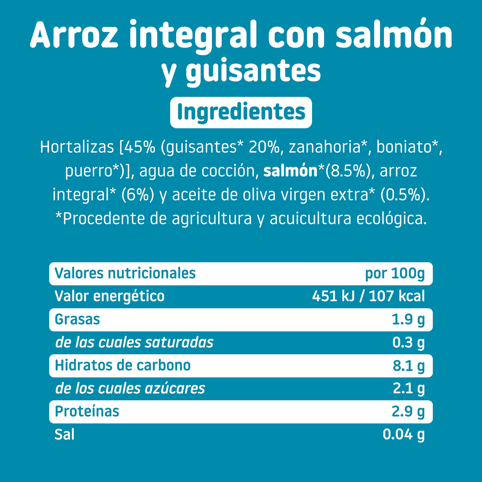 Ingredientes y tabla nutricional tarrito ecológico con arroz integral, salmón y guisantes