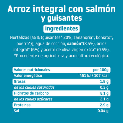 Ingredientes y tabla nutricional tarrito ecológico con arroz integral, salmón y guisantes