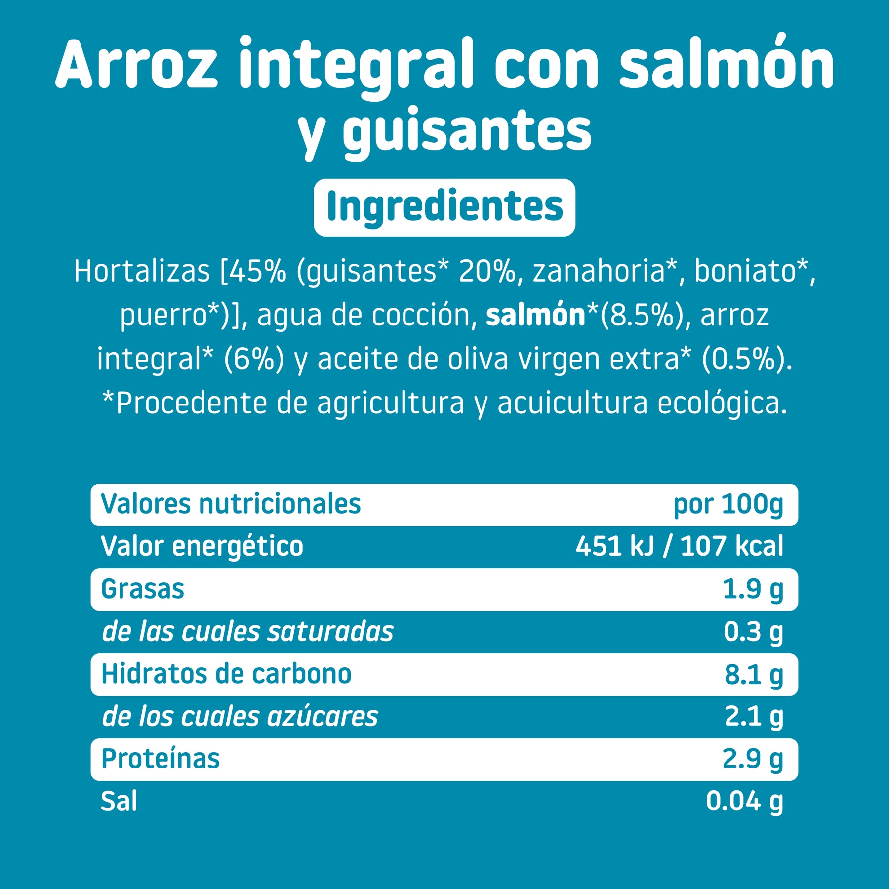 Ingredientes y tabla nutricional tarrito ecológico con arroz integral, salmón y guisantes