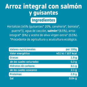 Ingredientes y tabla nutricional tarrito ecológico con arroz integral, salmón y guisantes